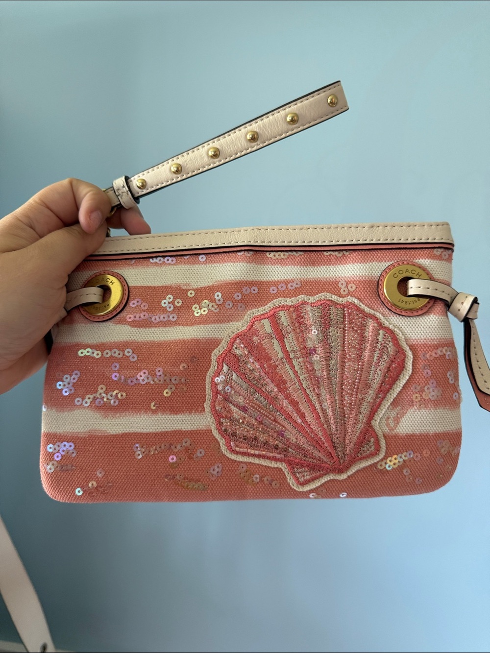 Coach Coral Pink Sequin Shell Wristlet